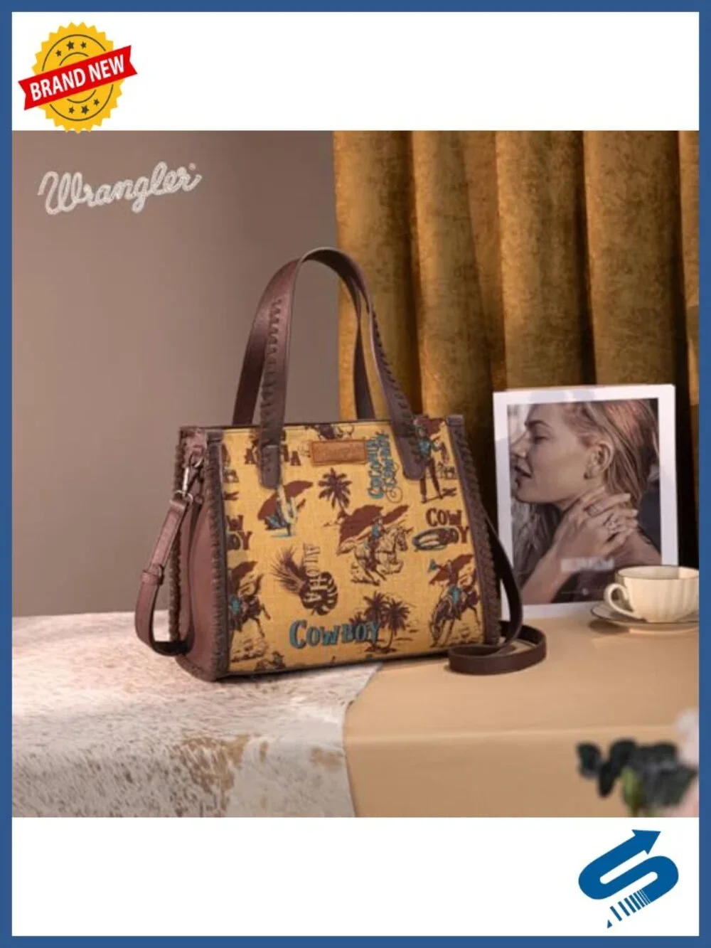 Canvas & Synthetic Leather Tote Bag with Crossbody Strap Western Cowboy Print